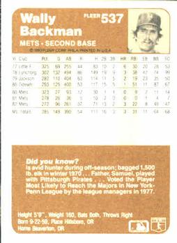 Wally Backman  baseball card collectible - Main Image 2