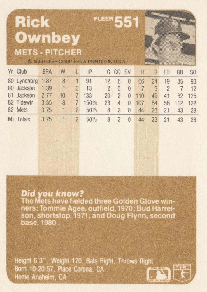 Rick Ownbey  baseball card collectible - Main Image 2