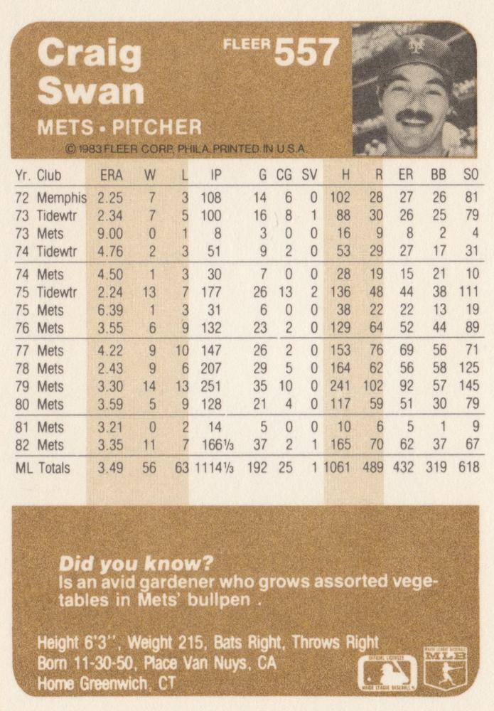 Craig Swan  baseball card collectible - Main Image 2