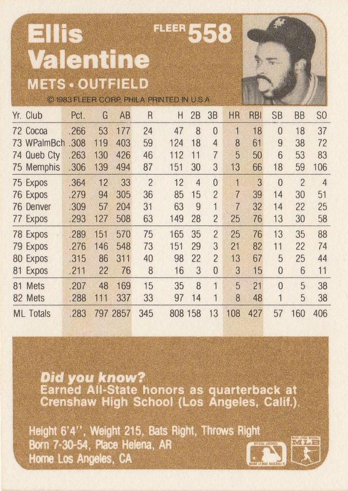 Ellis Valentine  baseball card collectible - Main Image 2