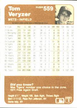 Tom Veryzer  baseball card collectible - Main Image 2