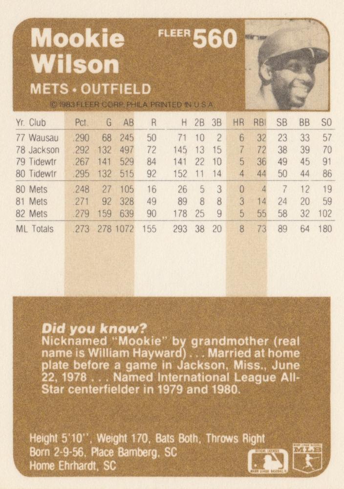 Mookie Wilson  baseball card collectible - Main Image 2