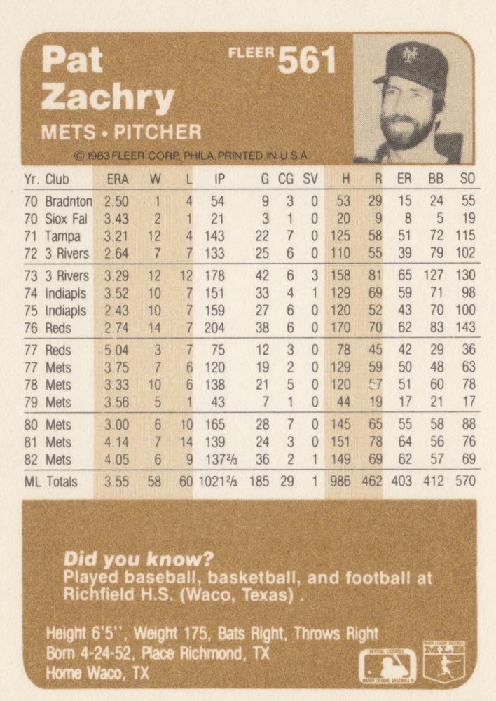 Pat Zachry  baseball card collectible - Main Image 2