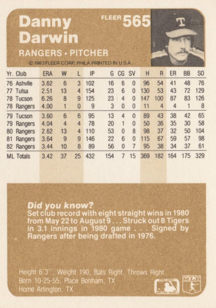 Danny Darwin  baseball card collectible - Main Image 2