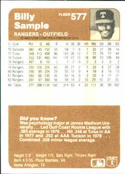Billy Sample  baseball card collectible - Main Image 2