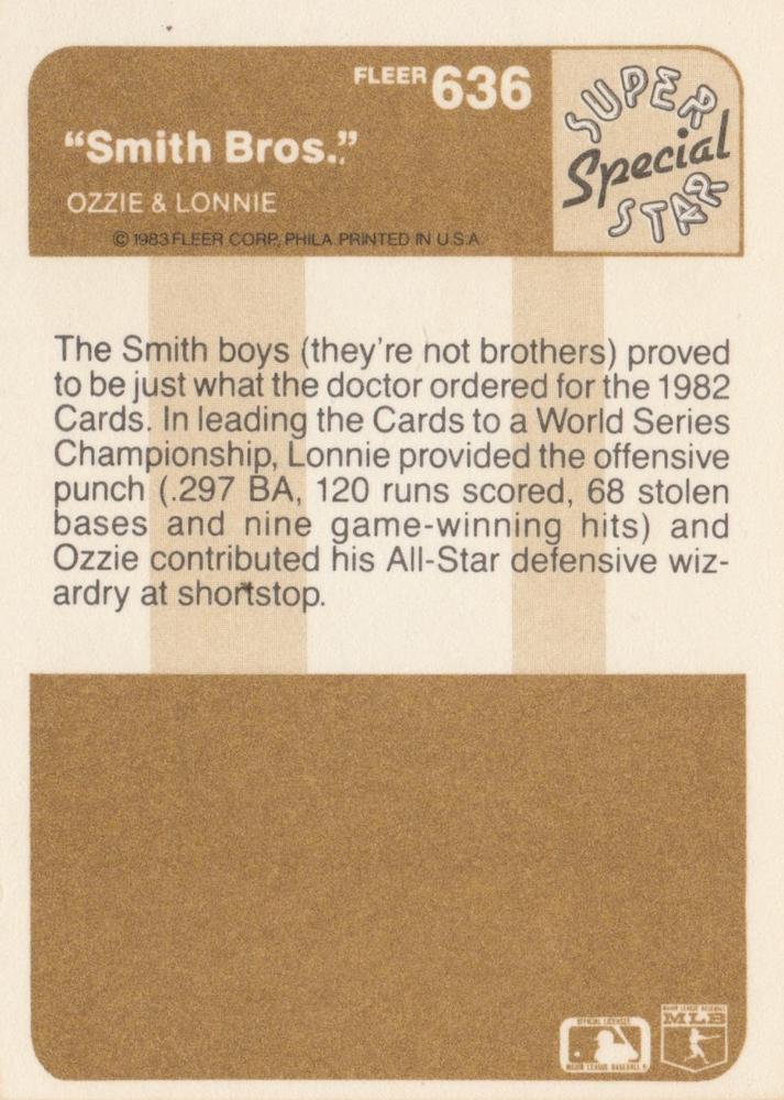 "Smith Bros.” (Ozzie Smith / Lonnie Smith)  baseball card collectible - Main Image 2