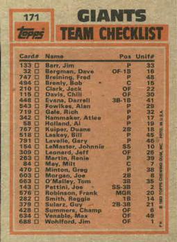 Giants Leaders / Checklist (Joe Morgan / Bill Laskey)  baseball card collectible - Main Image 2