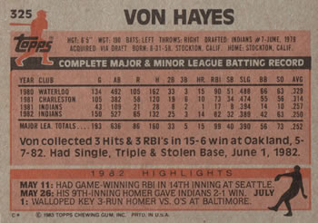 Von Hayes  baseball card collectible - Main Image 2