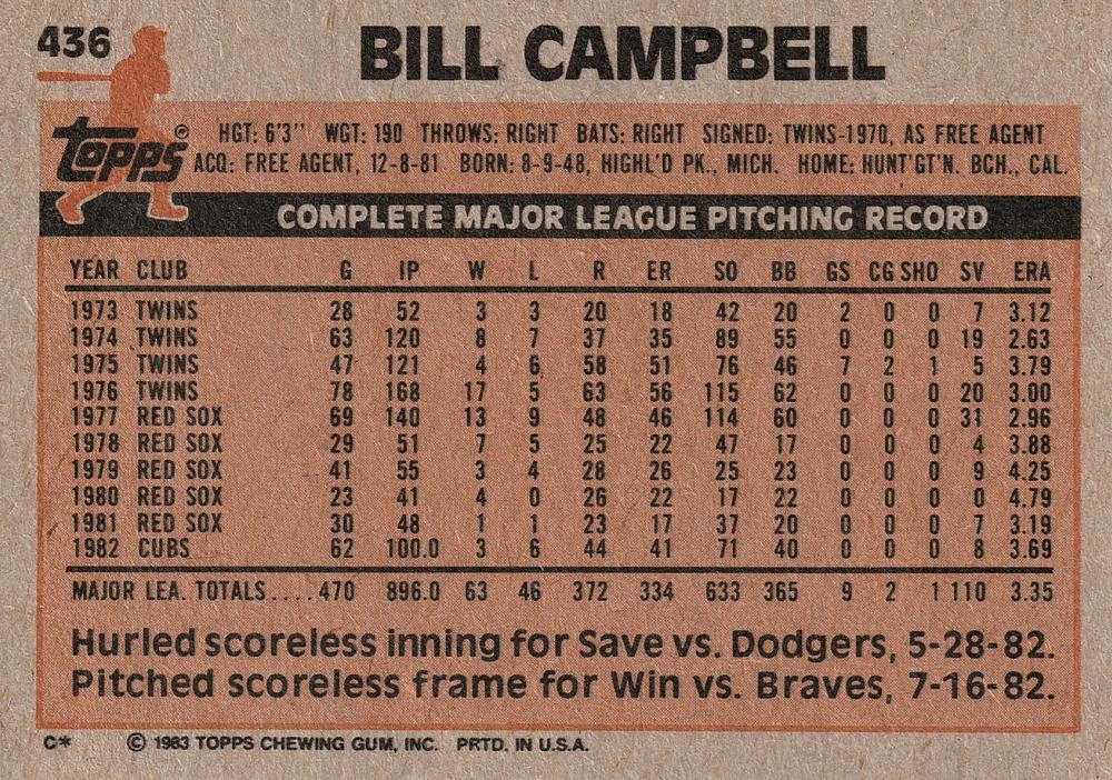 Bill Campbell  baseball card collectible - Main Image 2