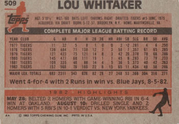 Lou Whitaker  baseball card collectible - Main Image 2