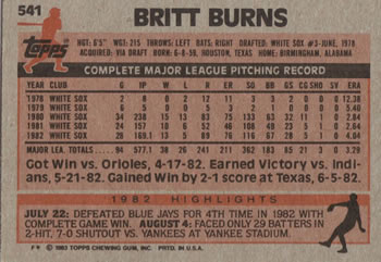 Britt Burns  baseball card collectible - Main Image 2