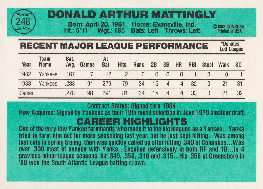 Don Mattingly  baseball card collectible - Main Image 2