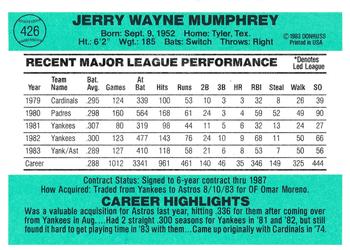 Jerry Mumphrey  baseball card collectible - Main Image 2