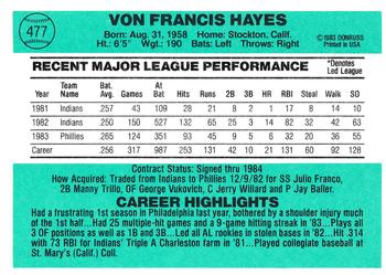 Von Hayes  baseball card collectible - Main Image 2