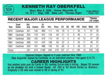 Ken Oberkfell  baseball card collectible - Main Image 2