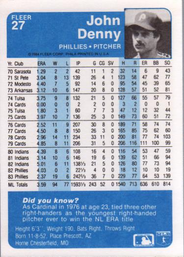 John Denny  baseball card collectible - Main Image 2