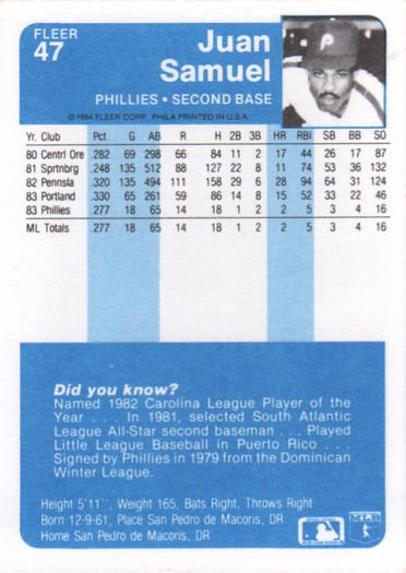 Juan Samuel  baseball card collectible - Main Image 2