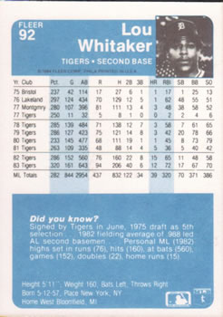 Lou Whitaker  baseball card collectible - Main Image 2