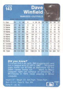 Dave Winfield  baseball card collectible - Main Image 2