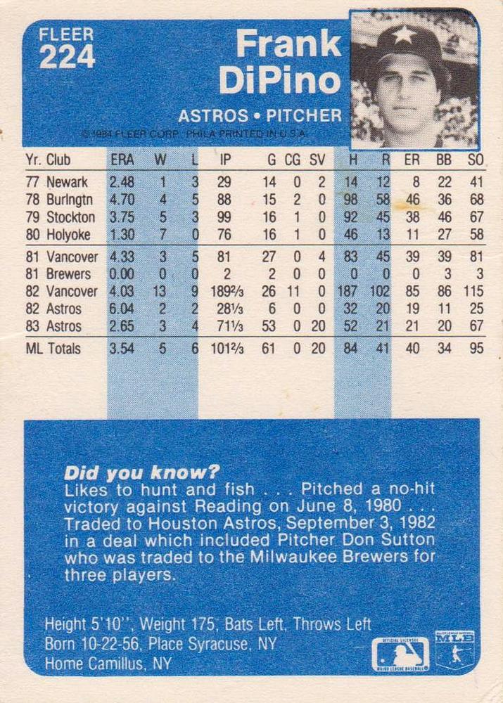 Frank DiPino  baseball card collectible - Main Image 2