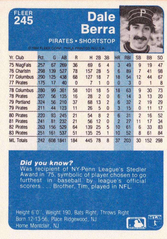 Dale Berra  baseball card collectible - Main Image 2