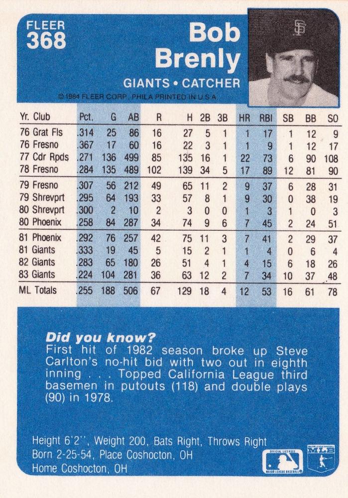 Bob Brenly  baseball card collectible - Main Image 2