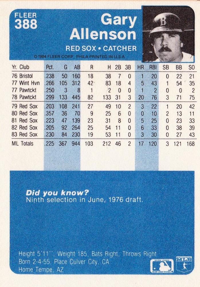 Gary Allenson  baseball card collectible - Main Image 2