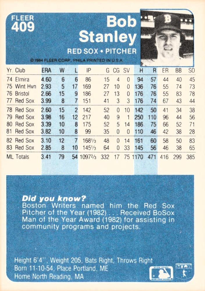 Bob Stanley  baseball card collectible - Main Image 2