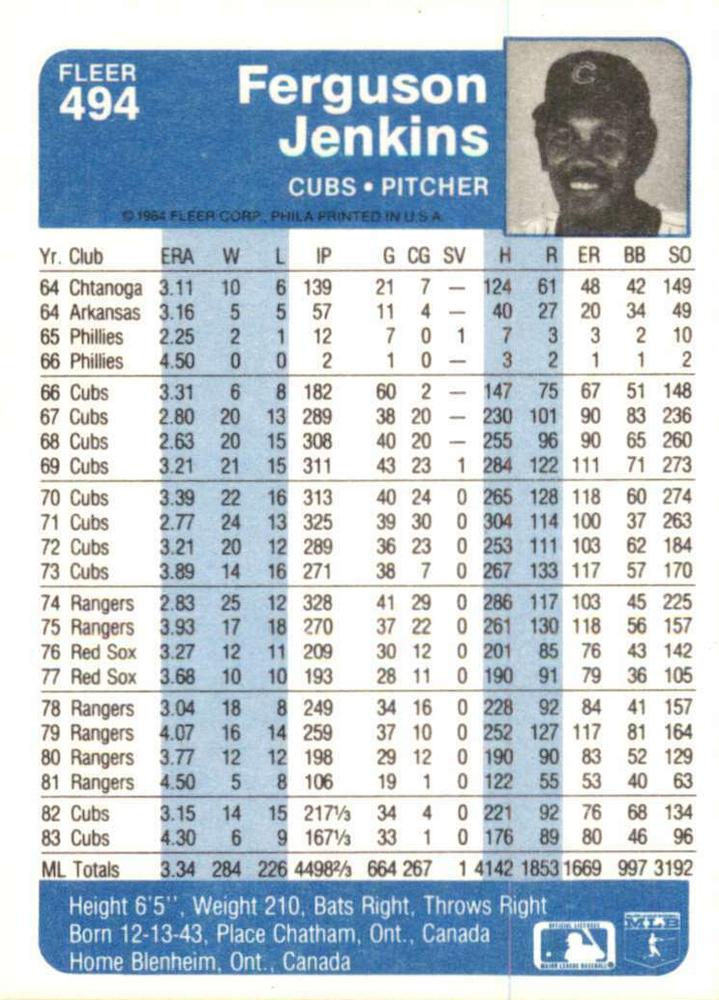 Ferguson Jenkins  baseball card collectible - Main Image 2