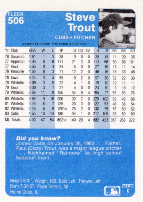 Steve Trout  baseball card collectible - Main Image 2