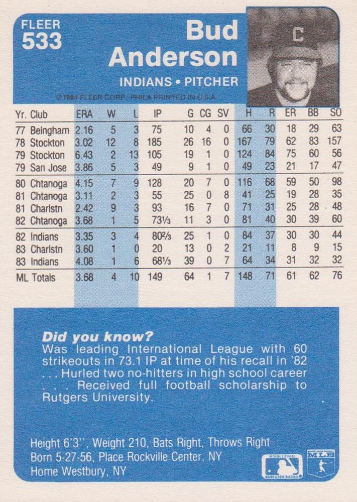 Bud Anderson  baseball card collectible - Main Image 2