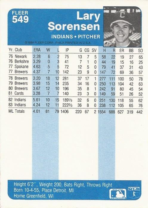 Lary Sorensen  baseball card collectible - Main Image 2