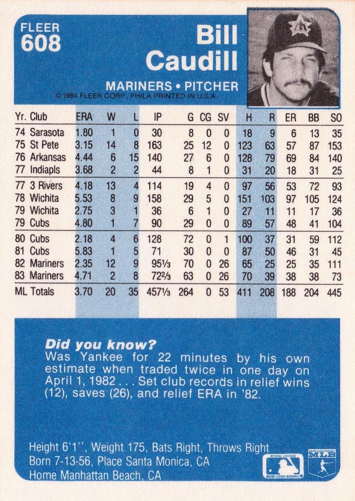 Bill Caudill  baseball card collectible - Main Image 2