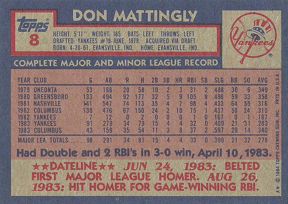 Don Mattingly  baseball card collectible - Main Image 2