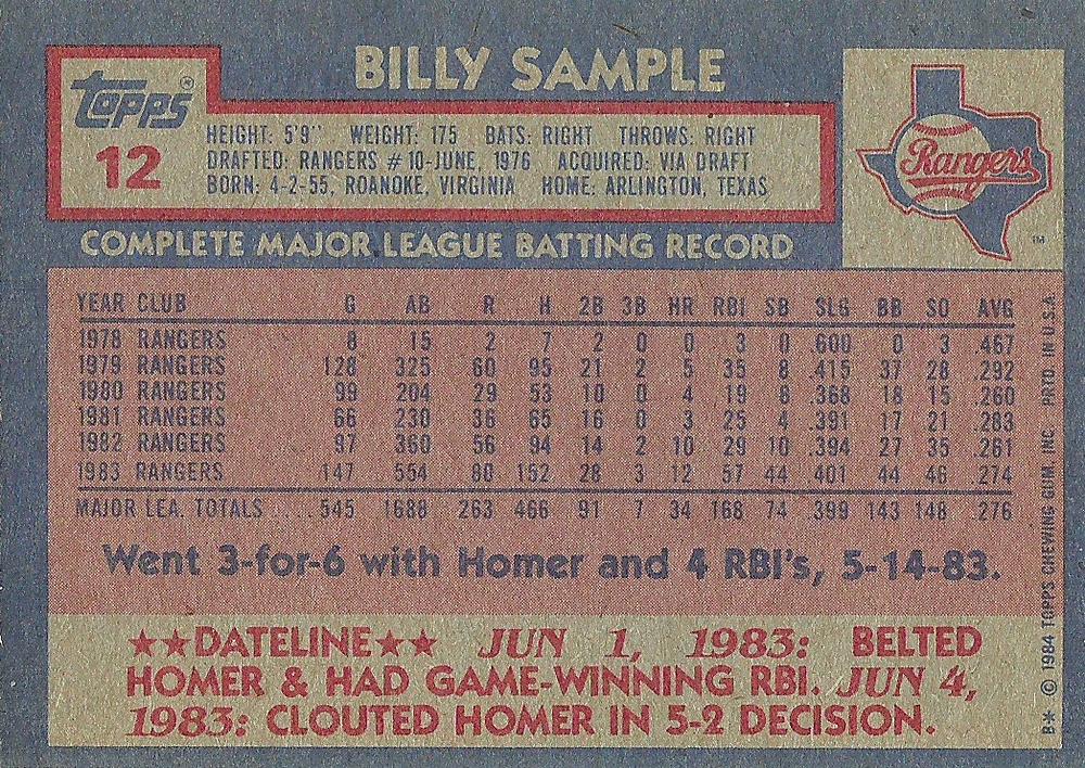Billy Sample  baseball card collectible - Main Image 2
