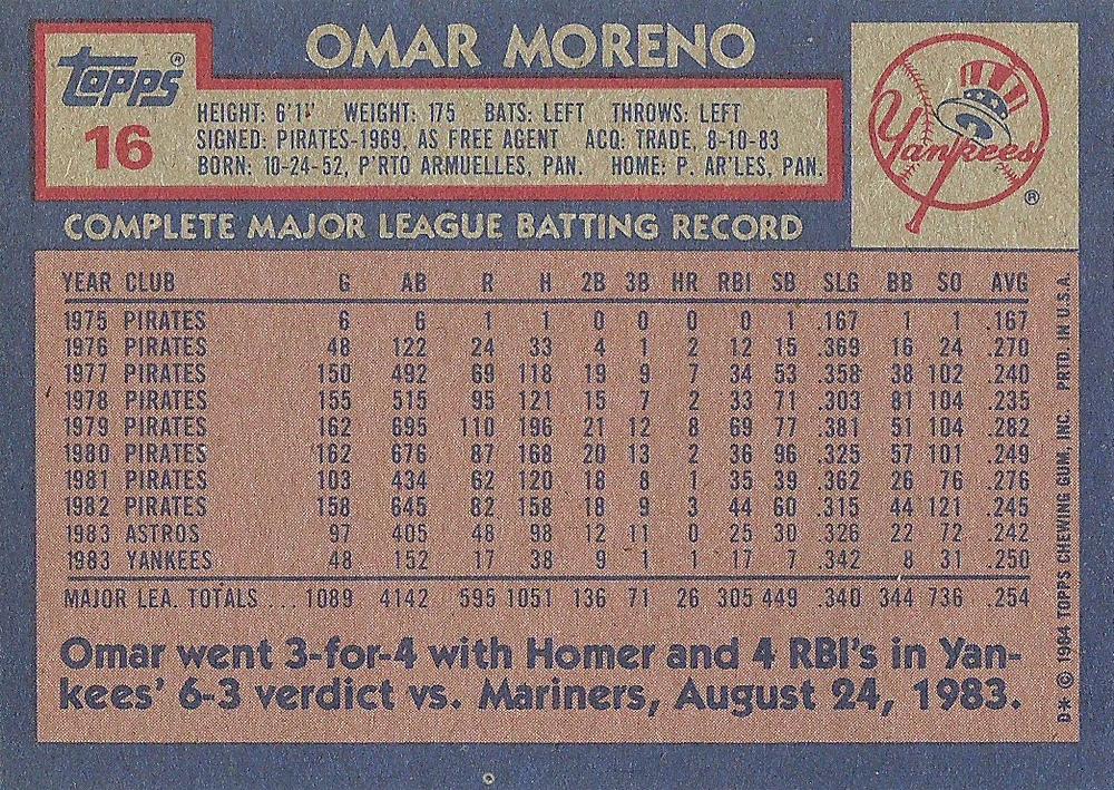 Omar Moreno  baseball card collectible - Main Image 2