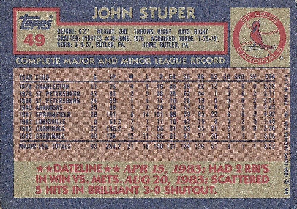 John Stuper  baseball card collectible - Main Image 2