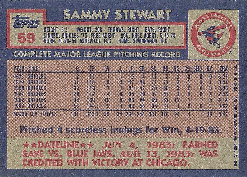 Sammy Stewart  baseball card collectible - Main Image 2