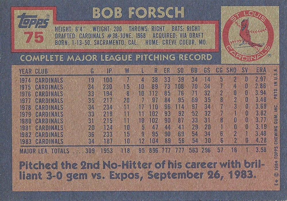 Bob Forsch  baseball card collectible - Main Image 2