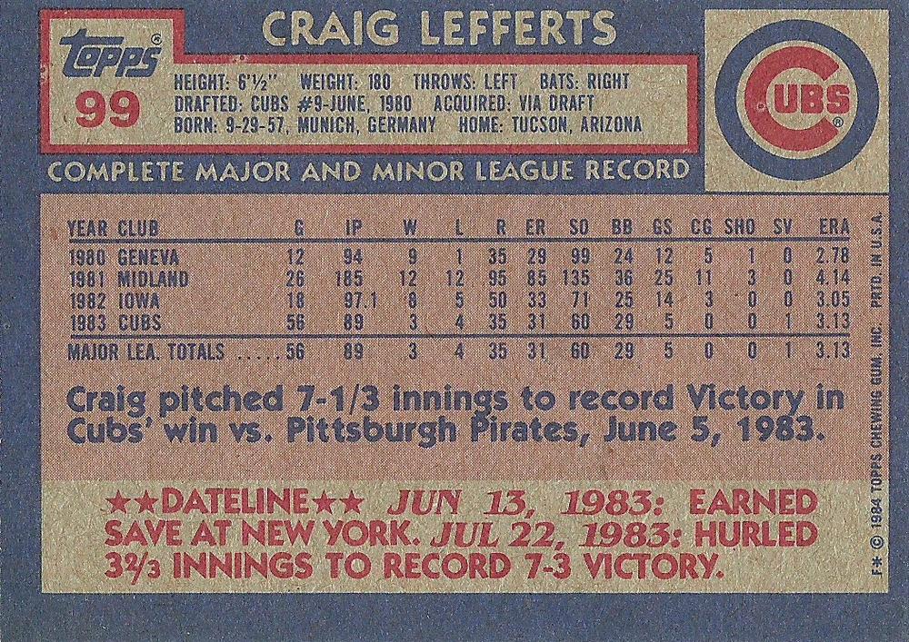 Craig Lefferts  baseball card collectible - Main Image 2