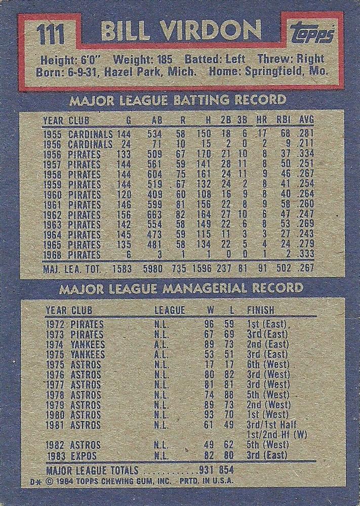 Bill Virdon  baseball card collectible - Main Image 2