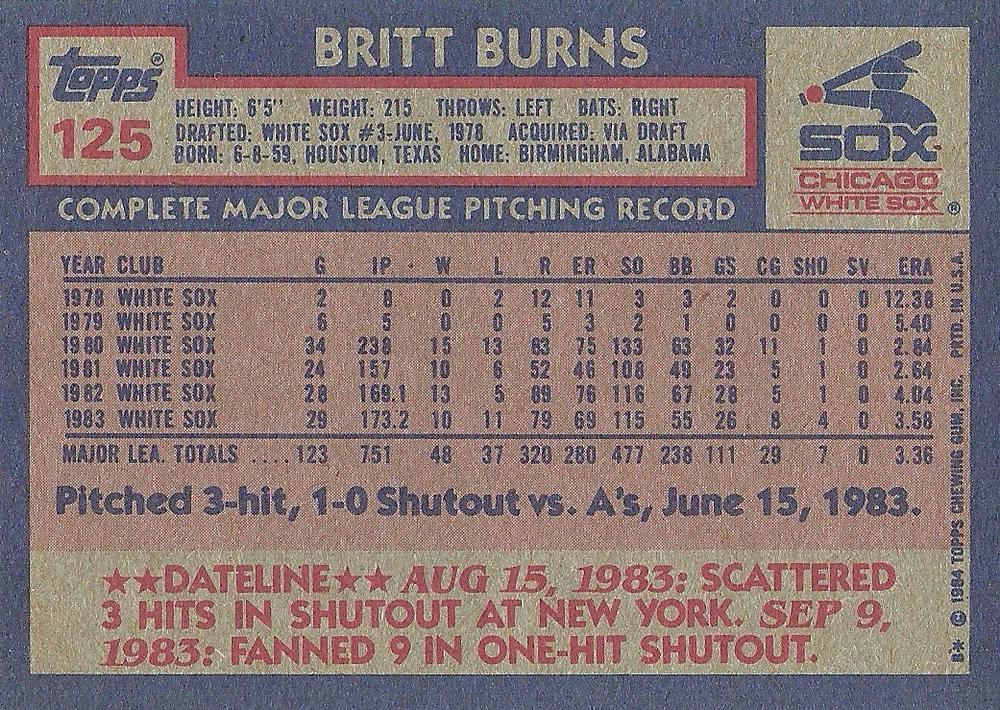 Britt Burns  baseball card collectible - Main Image 2