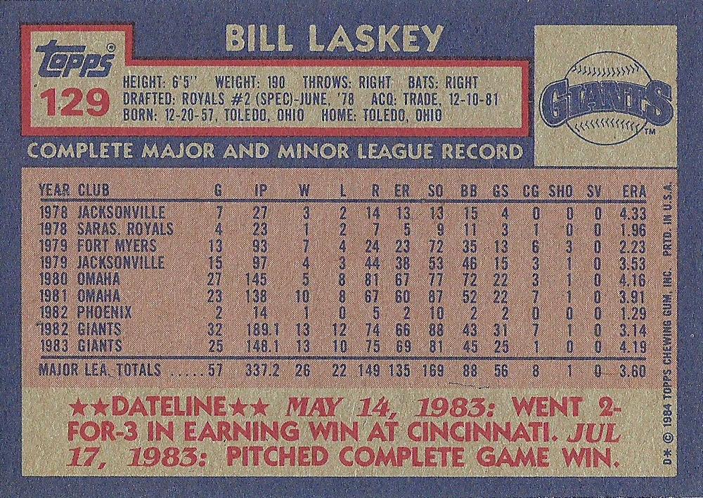 Bill Laskey  baseball card collectible - Main Image 2