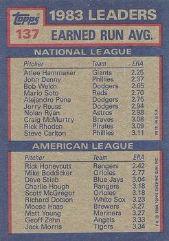 1983 Earned Run Average Leaders (Atlee Hammaker / Rick Honeycutt)  baseball card collectible - Main Image 2