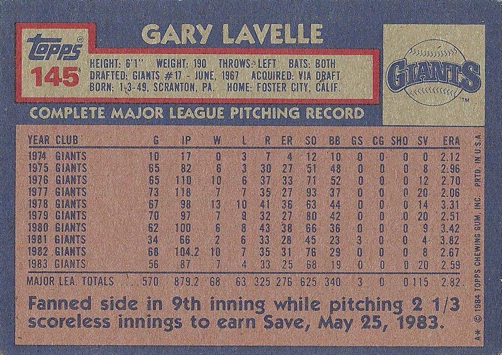 Gary Lavelle  baseball card collectible - Main Image 2