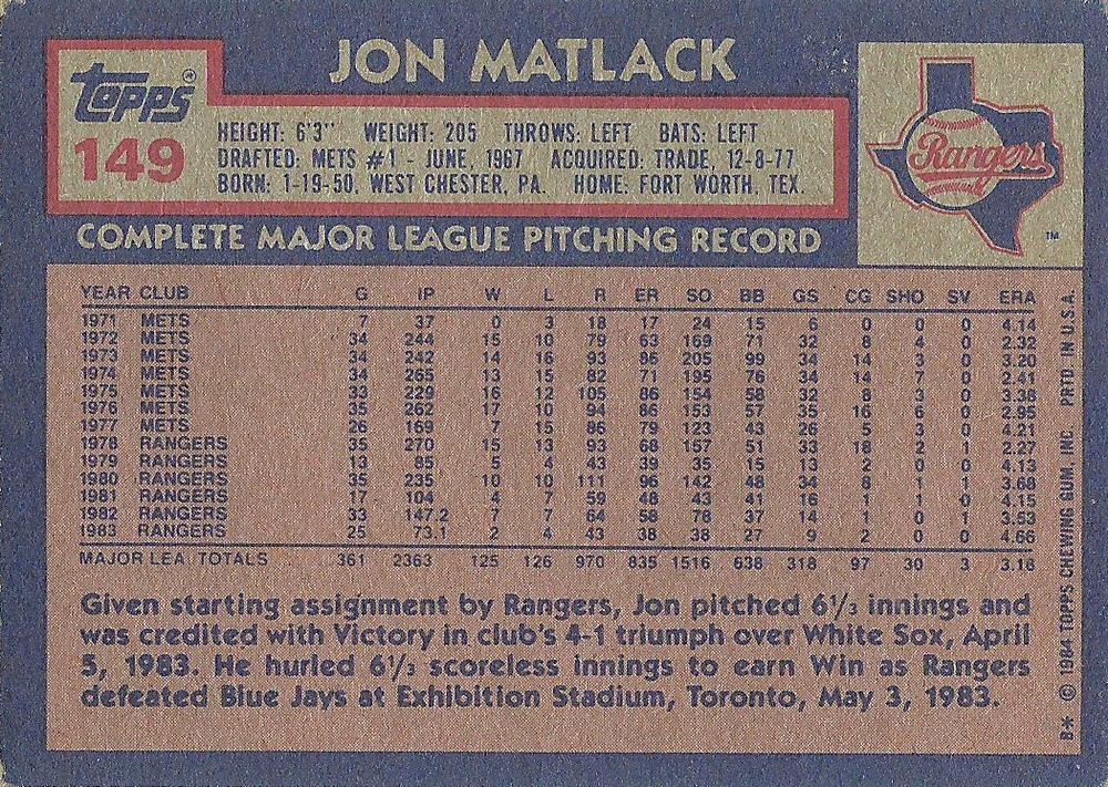 Jon Matlack  baseball card collectible - Main Image 2