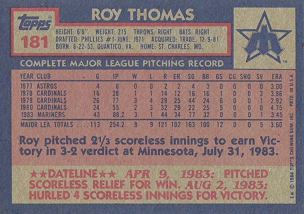Roy Thomas  baseball card collectible - Main Image 2