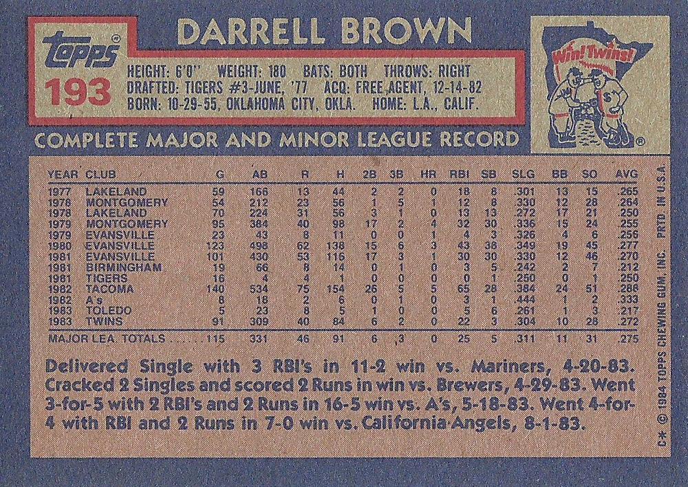 Darrell Brown  baseball card collectible - Main Image 2