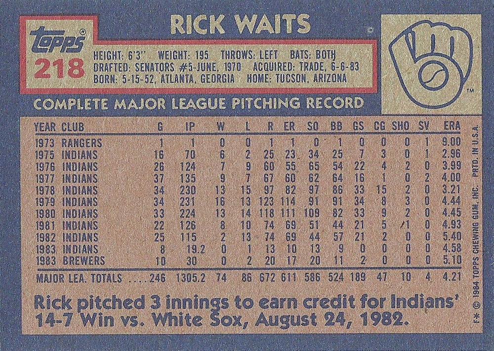 Rick Waits  baseball card collectible - Main Image 2