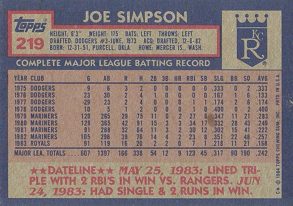 Joe Simpson  baseball card collectible - Main Image 2